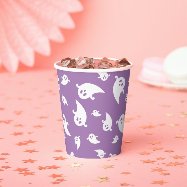 Purple And White Spooky Ghost Pattern Halloween Paper Cups (Insitu)