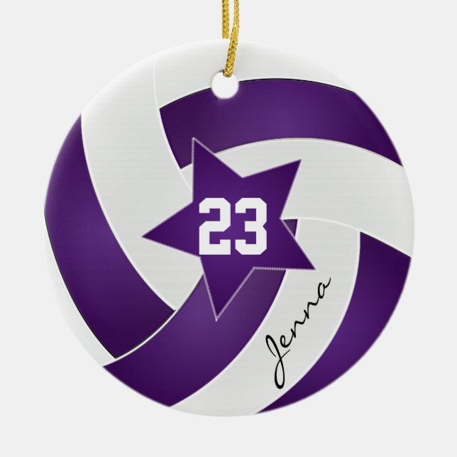 Purple and White Star Volleyball Ceramic Ornament (Front)