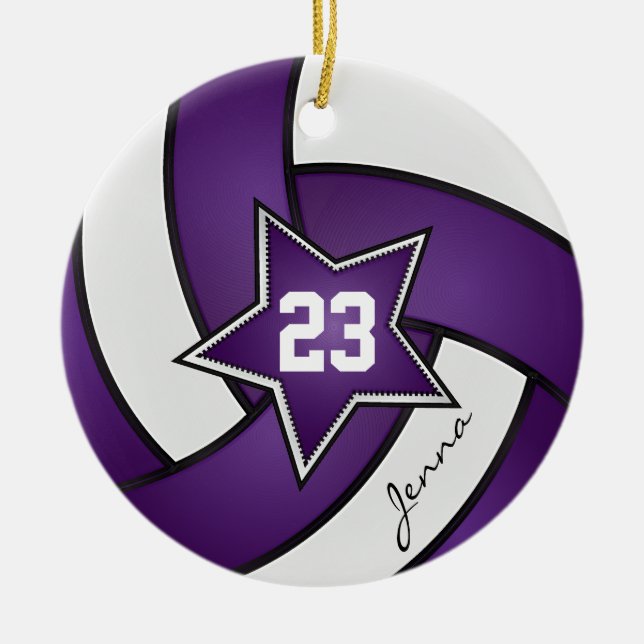 Purple and White Star 🏐 Volleyball Ceramic Ornament (Front)