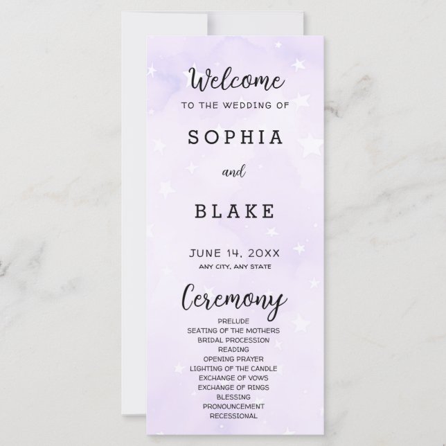 Purple and White Stars Celestial Wedding Program (Front)