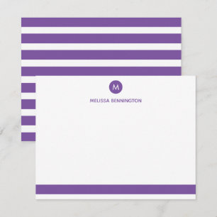 Purple and White Stripe Monogram Personalized Note Card