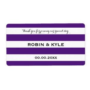 Purple and white stripe wedding water bottle label