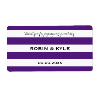 Purple and white stripe wedding water bottle label