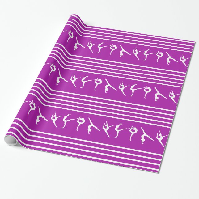 Purple and White Striped Gymnastics Christmas Wrapping Paper (Unrolled)