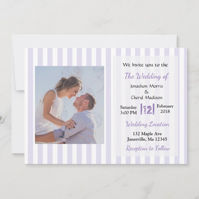 Purple and White Striped Photo Wedding Invitations (Front)