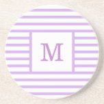 Purple and White Stripes Custom Monogram Sandstone Coaster<br><div class="desc">Get a cute girly simple modern purple and white stripped coaster with your custom monogram name or initials,  to your cozy home or office! Made with sandstone. Customize it with your favorite font and color to make it your one and only happy coaster!</div>