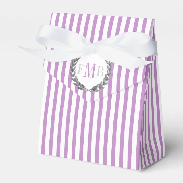 Purple and white stripes monogram wedding favor boxes (Front Side)