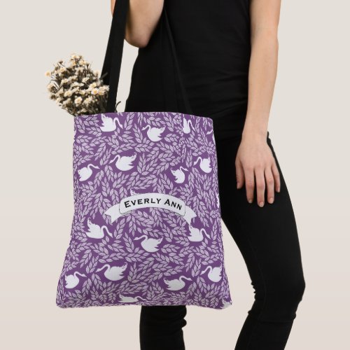 Purple and White Swan Pattern Tote Bag