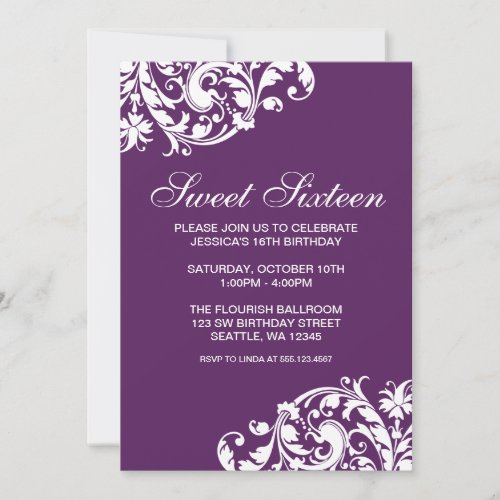 Purple and White Swirl Flourish Sweet 16 Birthday Custom Invitation