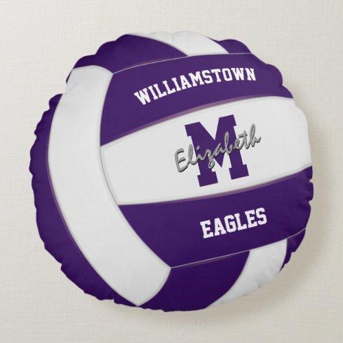 purple and white team colors realistic volleyball round pillow
