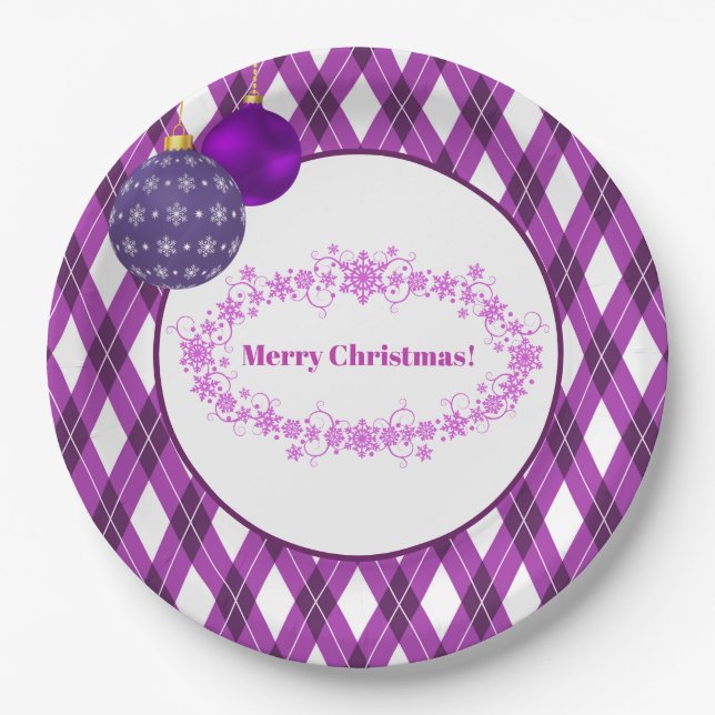 Purple and White Theme Merry Christmas Paper Plates (Front)