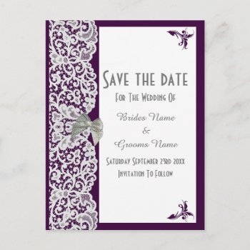 Purple And White Traditional Lace Save The Date Announcement Postcard by personalized_wedding at Zazzle