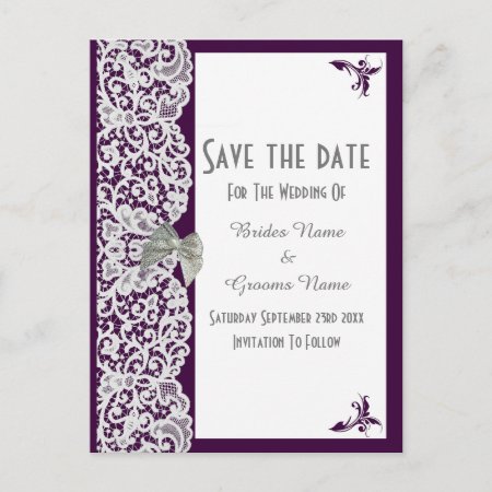 Purple And White Traditional Lace Save The Date Announcement Postcard