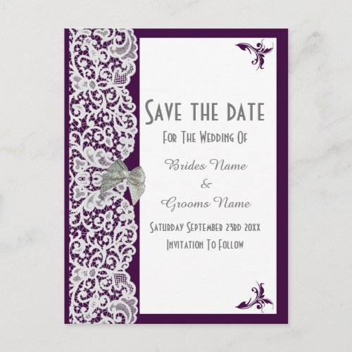 Purple and white traditional lace save the date announcement postcard