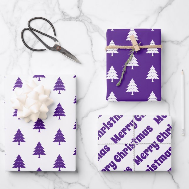 Purple and white trees Merry Christmas holiday Wrapping Paper Sheets (Front)