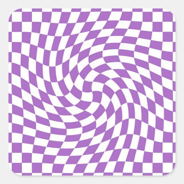 Purple and White Trendy Warped Checkered Pattern Square Sticker (Front)