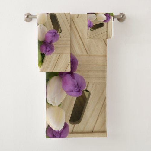 Purple and White Tulips Bath Towels