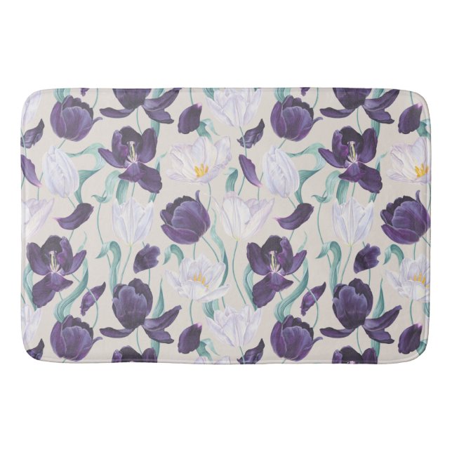 Purple and White Tulips Custom Background Bath Mat (Front)