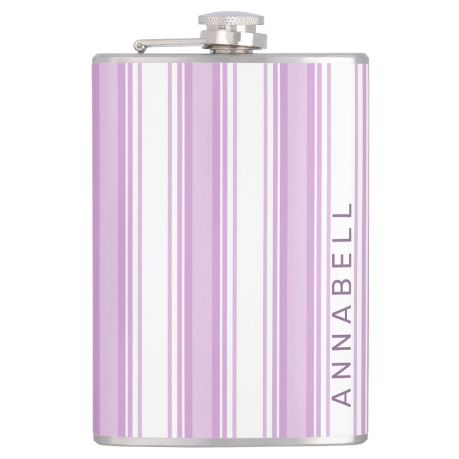 Purple and white vertical stripes custom name flask (Front)