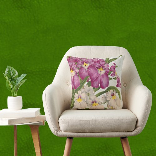 Purple and White Vintage Orchids with Green Back Throw Pillow