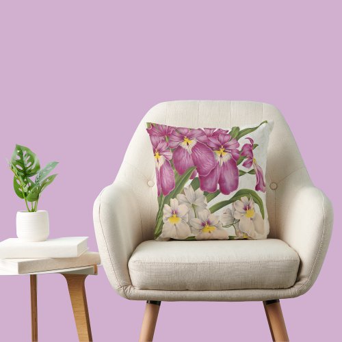 Purple and White Vintage Orchids with Purple Back Throw Pillow