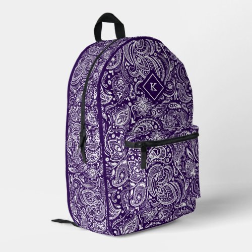 Purple and white vintage paisley pattern monogram printed backpack