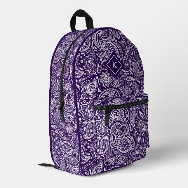 Purple and white vintage paisley pattern monogram printed backpack (Back Corner Left)