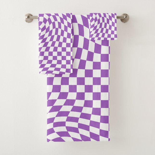 Purple and White Waved Checkered Checkerboard  Bath Towel Set (Insitu)