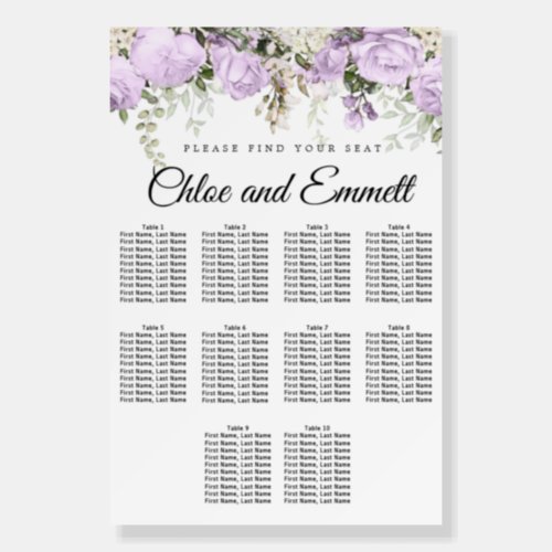 Purple and White Wedding Seating Chart Foam Board