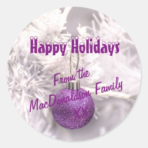 Purple and white Xmas tree bauble winter holidays Classic Round Sticker