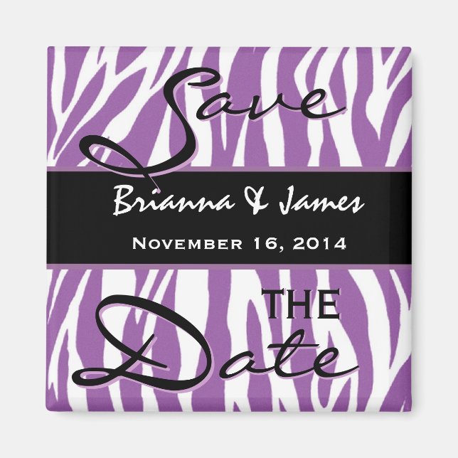 Purple and White Zebra Wedding Save the Date Magnet (Front)