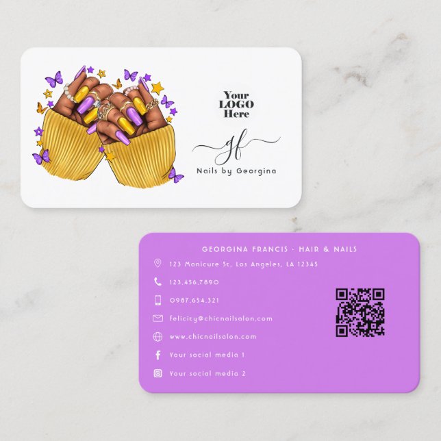 Purple and Yellow African American Nail Salon Business Card (Front/Back)