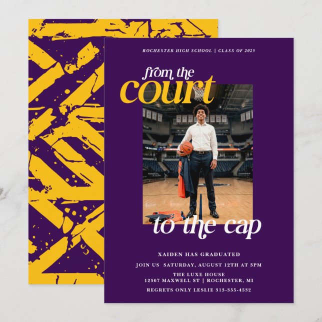 Purple and Yellow Athlete Basketball Graduation Invitation (Front/Back)