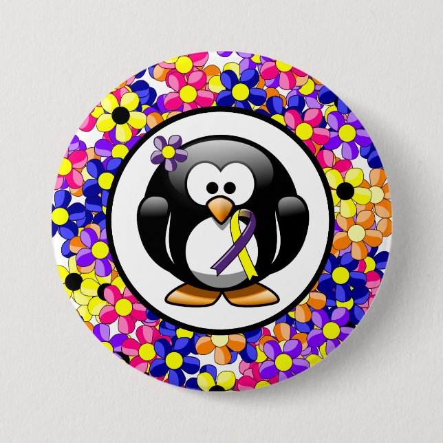 Purple and Yellow Awareness Ribbon Penguin Button (Front)