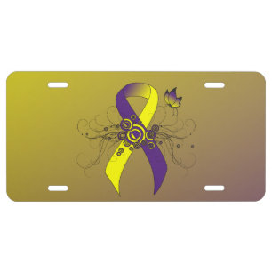Purple and Yellow Awareness Ribbon with Butterfly License Plate