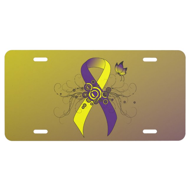 Purple and Yellow Awareness Ribbon with Butterfly License Plate (Front)