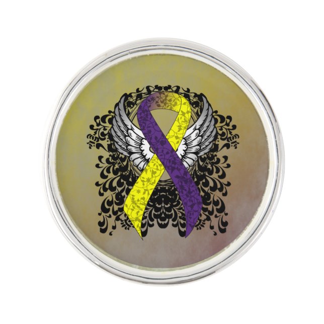 Purple and Yellow Awareness Ribbon with Wings Pin (Front)