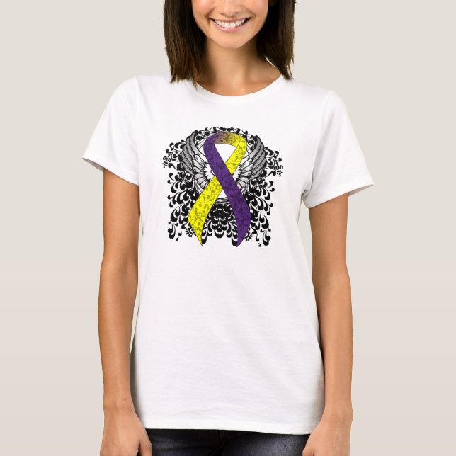 Purple and Yellow Awareness Ribbon with Wings T-Shirt (Front)
