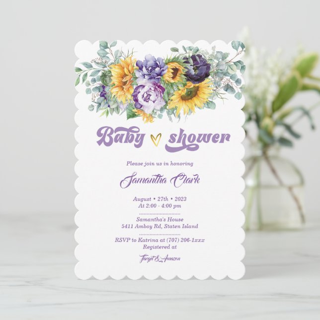 Purple and Yellow Baby Shower Invitation (Standing Front)