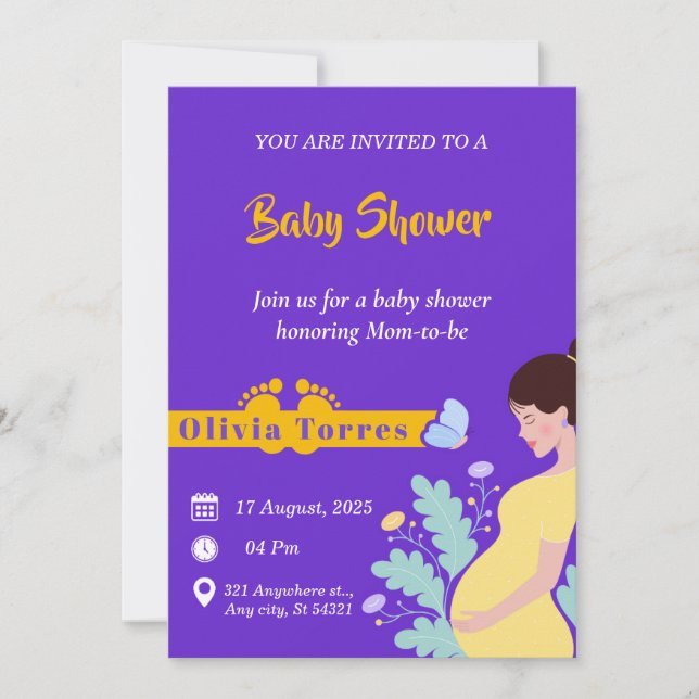 Purple and Yellow Baby Shower, Motherhood Theme Invitation (Front)
