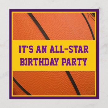 Purple And Yellow Basketball Birthday Party Invitation by faithandhopesplace at Zazzle