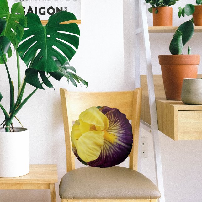 Purple and Yellow Bearded Iris Floral Round Pillow (In Situ Chair)