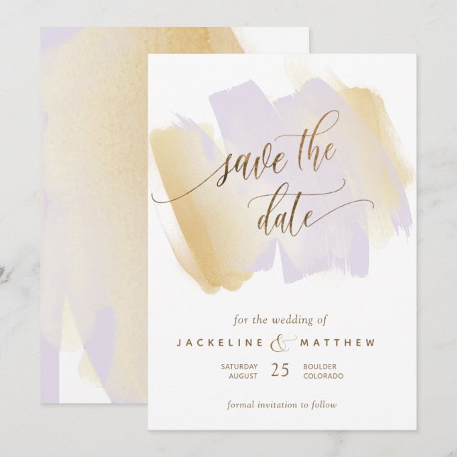 Purple and Yellow Brush Strokes, Minimal Wedding Save The Date (Front/Back)