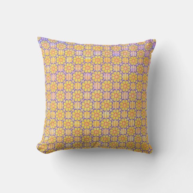 Purple and Yellow Center Heart Flowers Pattern Throw Pillow (Front)
