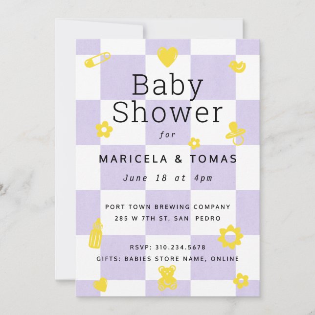 Purple and Yellow Checker Baby Shower Invitation (Front)