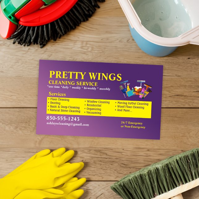 Purple and Yellow Cleaning Service Business Card  (Creator Uploaded)