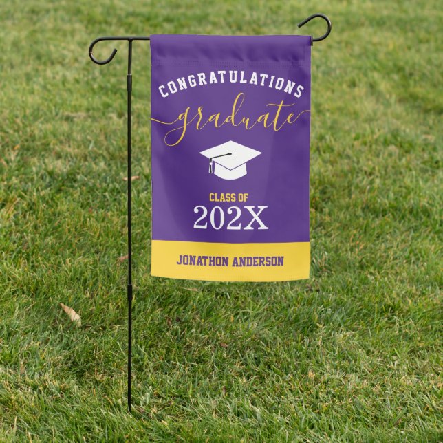Purple and Yellow Custom Congrats Graduate Garden Flag (In SItu)