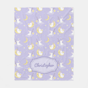 Purple and yellow cutte bunny with moon stars fleece blanket