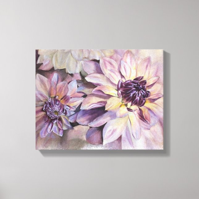 PURPLE AND YELLOW DAHLIAS WRAPPED CANVAS PAINTING PRINT (Front)