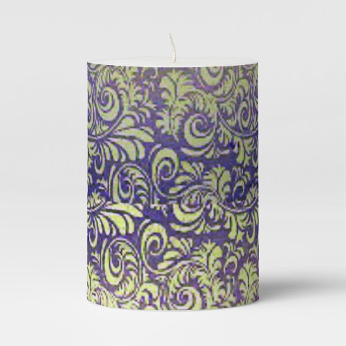 Purple and yellow damask pattern on pillar candle